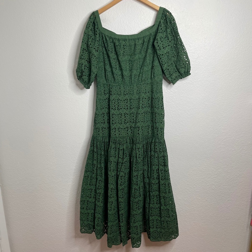 Veronica Beard Green Eyelet Cotton Midi Dress Puff Sleeve Button Front Size 10 - Picture 6 of 6